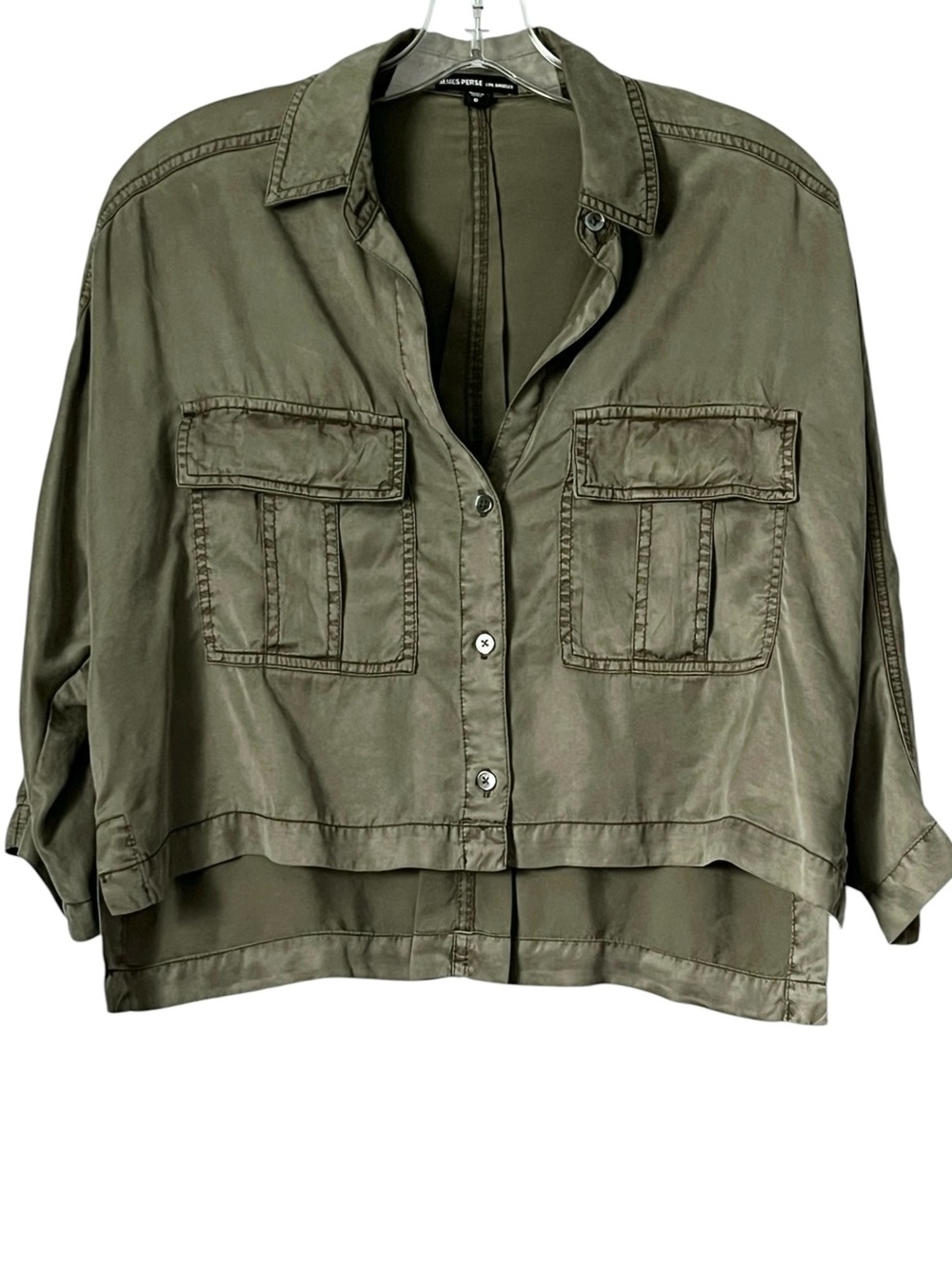 James Perse Olive Green Cropped Pocket Utility Shirt Sz 0